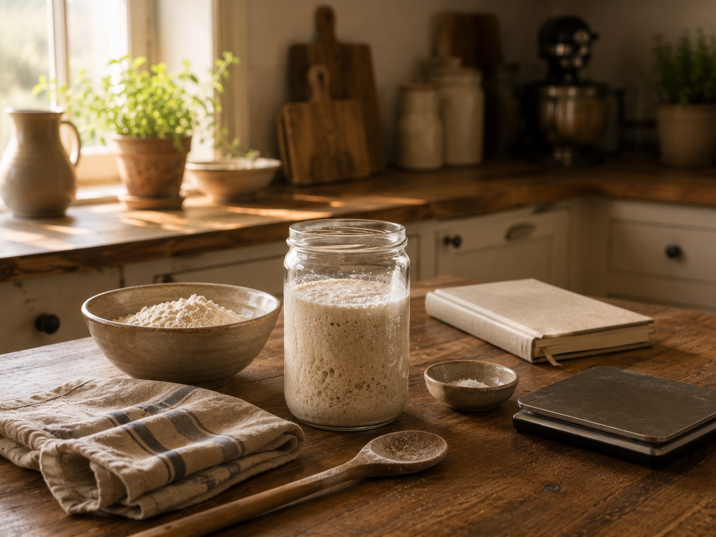 An active sourdough starter in a glass jar beside a loaf of bread